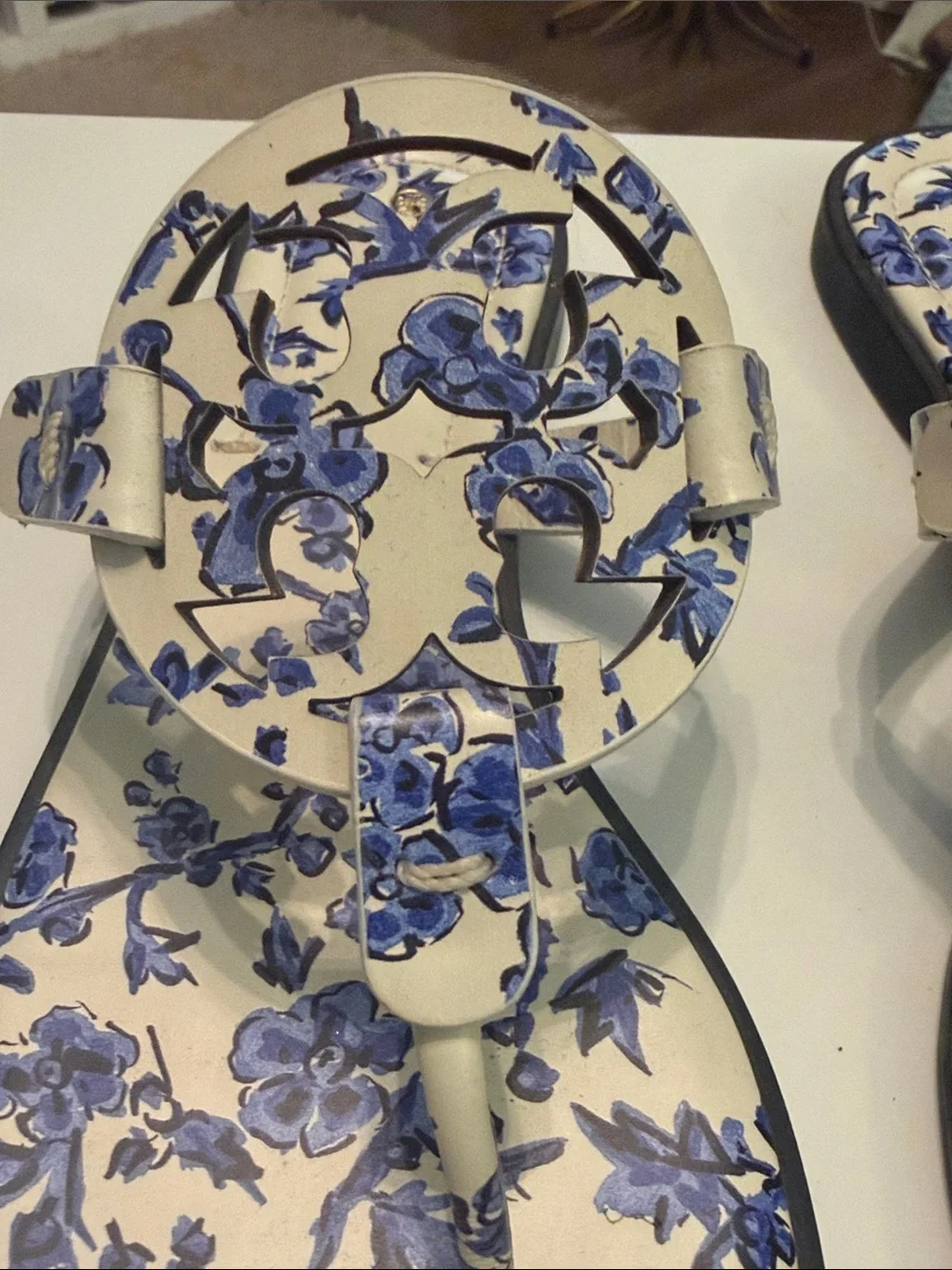 Tory Burch Blue Floral Miller Thong Sandals - Blue on Cream